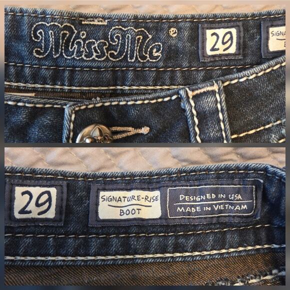 Miss Me Signature Rise Boot Cut Jeans size 29 Embellished Flap Pockets, studded - Picture 3 of 12